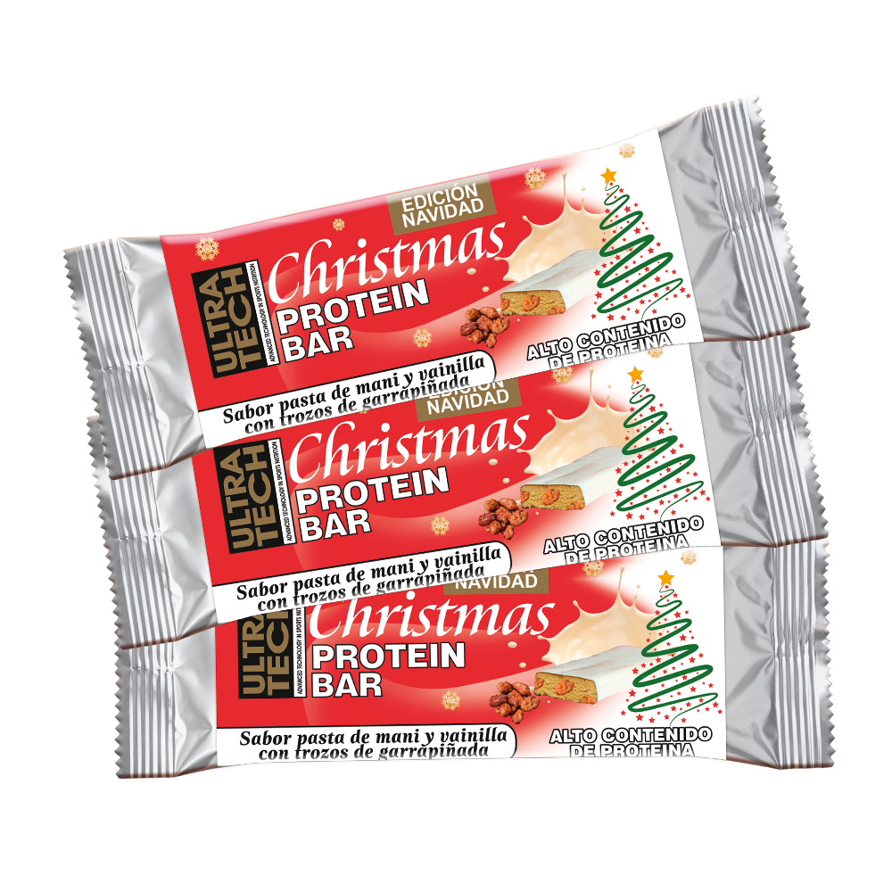 Christmas Protein Bar - 46 g Sabor pasta de maní y vainilla con trozos de garrapiñada x 12 Unidades